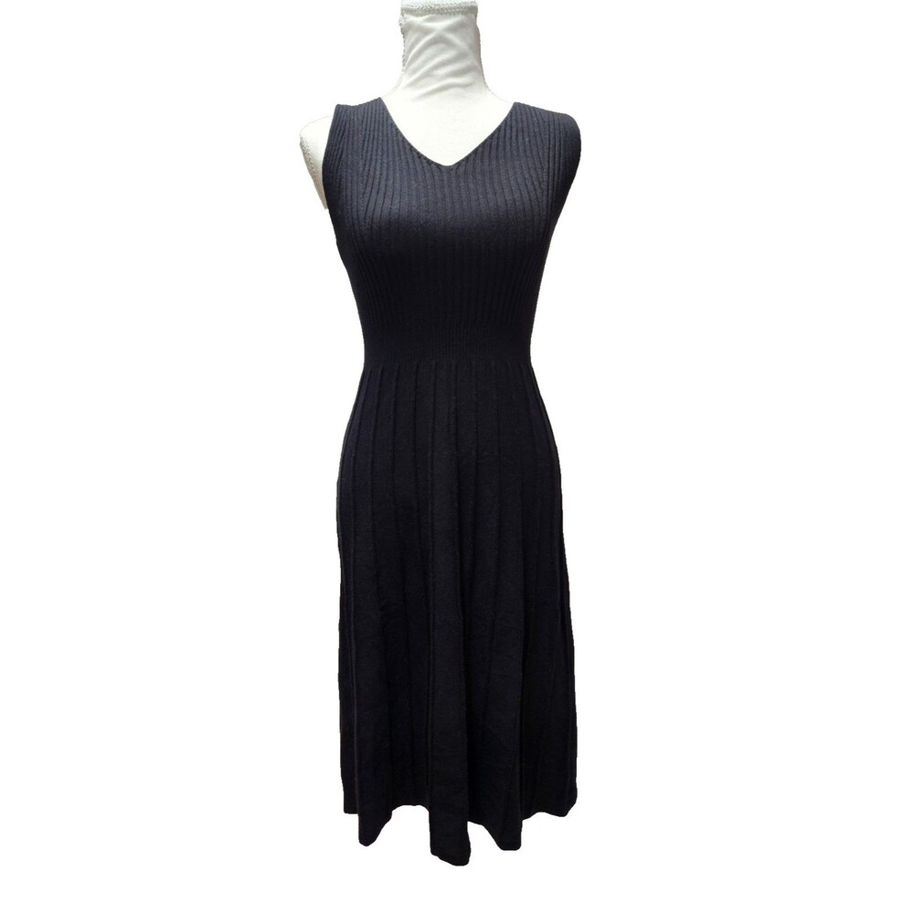 Hobemty Women's V Neck Sleeveless Knitted Pleated Midi Dress Black Small